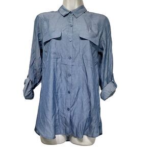 express blue polka dot button up blouse womens size S